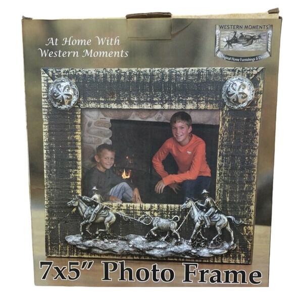 Western Moments‎ Photo Frame Wooden 7x5” Metal horses cowboys Outside 10x9 NIB - Picture 1 of 5